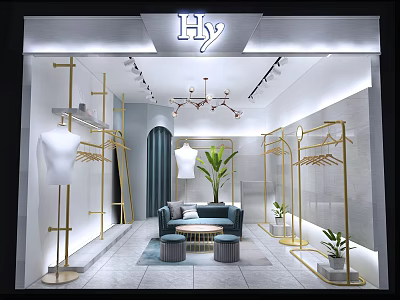 Modern Clothing Store Front With Gold Racks White Mannequins Green Plants And Blue Sofa 3d model
