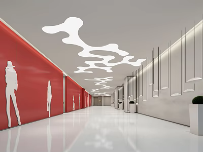 Modern Elevator Hallway With Red Walls White Silhouettes Cloud Shaped Ceiling And Sleek Floor 3d model