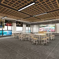 School Student Dining Area With Wooden Grid Ceiling Long Tables Stools And Bookshelves