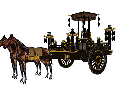 Traditional Carriage With Two Horses Ornate Canopy Hanging Lanterns And Golden Accents 3d model