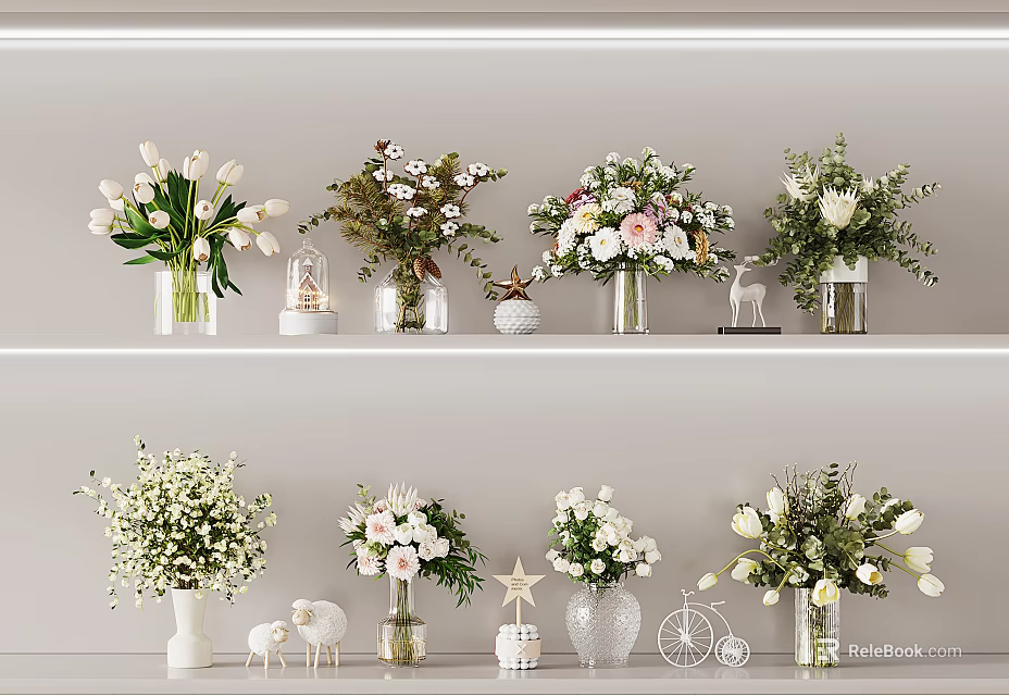 Vase Flowers Display On White Shelves With Decorative Figurines And Various Blooms 3d model 