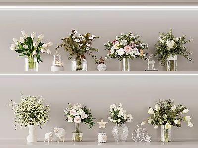 Vase Flowers Display On White Shelves With Decorative Figurines And Various Blooms 3d model