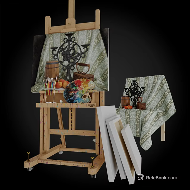 Artistic Black Iron Wall Decor with Easel Paintbrushes Palette and Canvas 3d model 