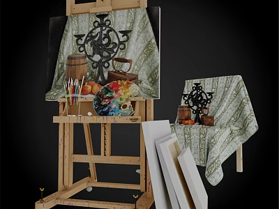 Artistic Black Iron Wall Decor with Easel Paintbrushes Palette and Canvas 3d model