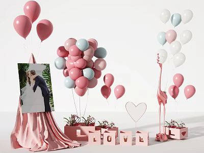 Romantic Wedding Photo Check-in Spot With Pink White Balloons LOVE Letters Flamingo And Heart Decor 3d model