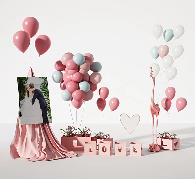 Romantic Wedding Photo Check-in Spot With Pink White Balloons LOVE Letters Flamingo And Heart Decor 3d model
