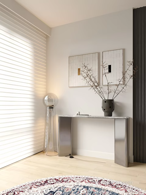Modern Entryway Console Table With Metal Frame Marble Top Vase Framed Art And White Blinds 3d model 
