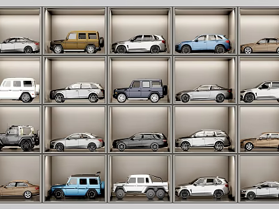 Electric Toy Cars Arranged Neatly In Grid Compartments With Various Colors And Styles 3d model