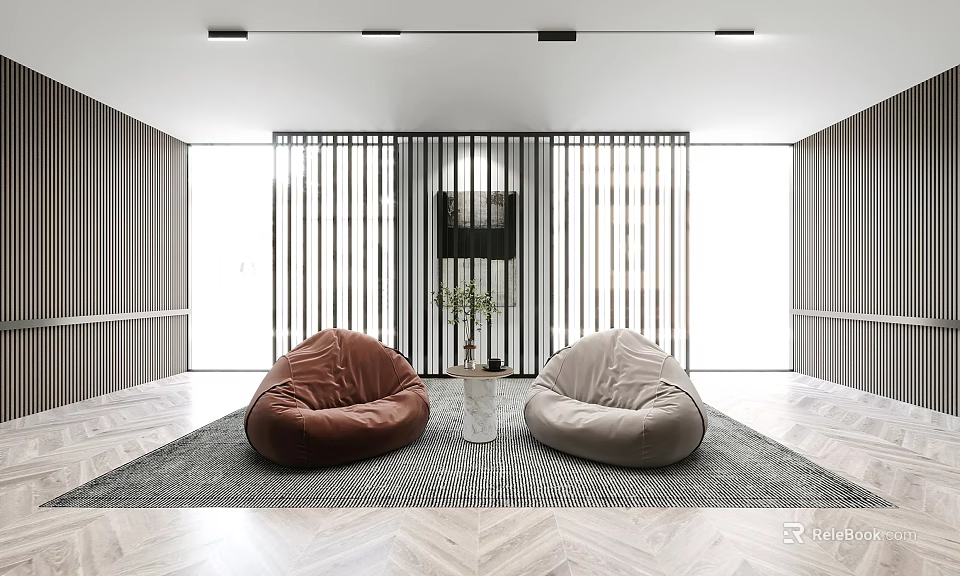 Brown and Beige Bean Bag Chairs in Modern Interior with Gray Rug 3d model 