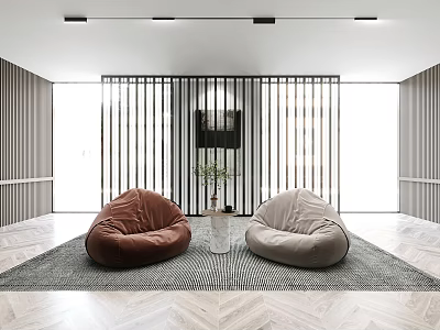 Brown and Beige Bean Bag Chairs in Modern Interior with Gray Rug 3d model