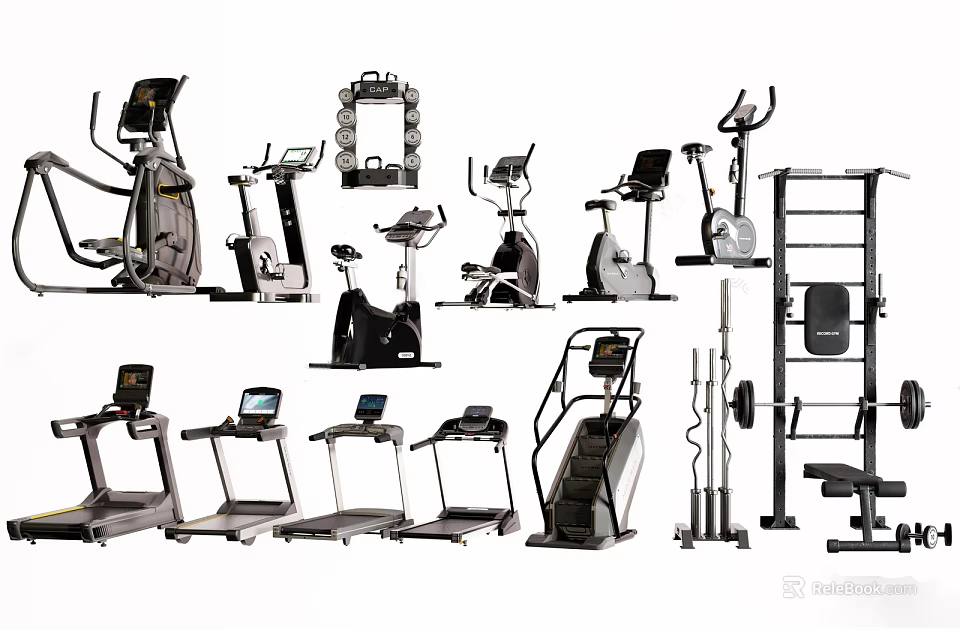 Essential Sports Equipment Collection Including Treadmills Exercise Bikes Rowing Machines Weight Racks And Stair Climbers 3d model 