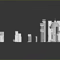 White Furniture Models Featuring Columns Domes and Diverse Roof Designs on Black Background