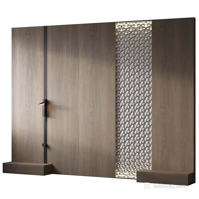 Modern Elegant Wooden Bedroom Accent Wall Design With Metal Strips And Perforated Pattern 3d model 