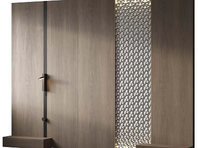 Modern Elegant Wooden Bedroom Accent Wall Design With Metal Strips And Perforated Pattern 3d model