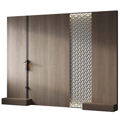 Modern Elegant Wooden Bedroom Accent Wall Design With Metal Strips And Perforated Pattern 3d model