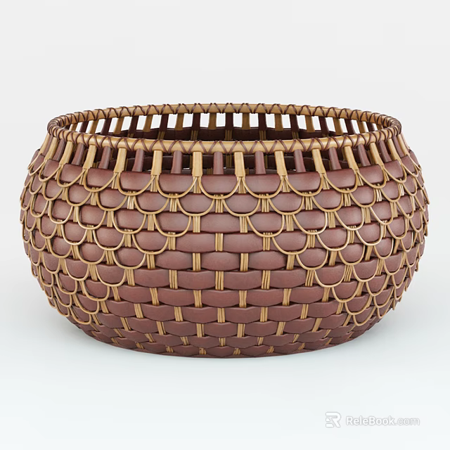Woven Brown And Gold Round Basket With Scalloped Pattern For Home Use 3d model 