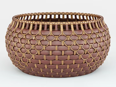 Woven Brown And Gold Round Basket With Scalloped Pattern For Home Use 3d model
