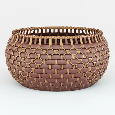 Woven Brown And Gold Round Basket With Scalloped Pattern For Home Use 3d model