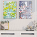 Modern Interior Wall With Hexagonal Geometric Paintings And Shelf Decor Items 3d model