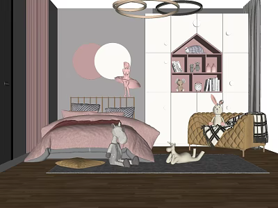 Cozy Pink Double Bed In Bedroom With Gray White Wall Decor Stuffed Toys And Bookshelf 3d model