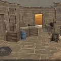 Modern Stone Room Interior With Wooden Crates Blue Barrel Cable Reel And Light From Doorway