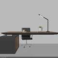 Modern Office Desk with Wooden Top Desk Lamp Mug Small Plant and Rolling Office Chair