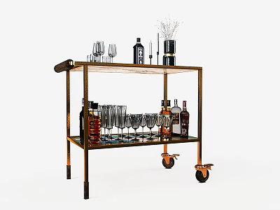 Commercial Two Tier Bar Cart With Wine Glasses Liquor Bottles And Mobile Serving Wheels 3d model