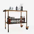 Commercial Two Tier Bar Cart With Wine Glasses Liquor Bottles And Mobile Serving Wheels