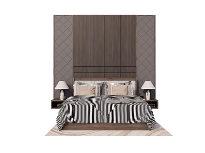 Double Bed with Wooden Panel Headboard Diamond Pattern Wall Striped Bedspread Pillows Nightstands Table Lamps 3d model