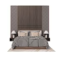 Double Bed with Wooden Panel Headboard Diamond Pattern Wall Striped Bedspread Pillows Nightstands Table Lamps 3d model