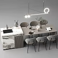 Modern Dining Table Set With Marble Countertop Sink Chairs And Hanging Lights 3d model
