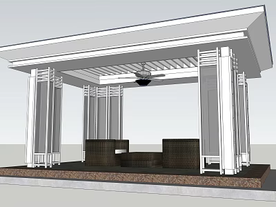 Modern Pergola Design With White Columns Railing Roof And Outdoor Seating Area 3d model