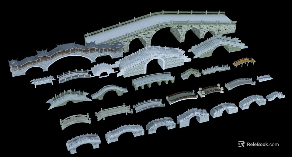 Various Landscape Bridges With Different Arch And Flat Designs And Railings 3d model 