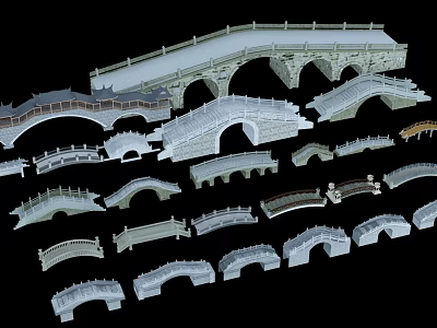 Various Landscape Bridges With Different Arch And Flat Designs And Railings 3d model