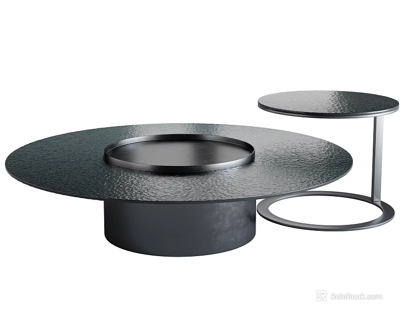 Black Metal Coffee Table Set with Round Hammered Texture Side Table 3d model