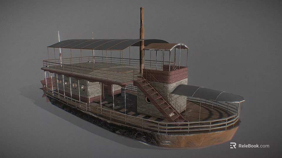 Vintage Double Deck Ship With Canopy Roof Metal Staircase Wooden Railing And Brick Walls 3d model 