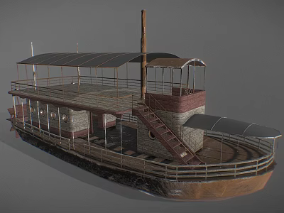 Vintage Double Deck Ship With Canopy Roof Metal Staircase Wooden Railing And Brick Walls 3d model