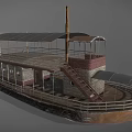 Vintage Double Deck Ship With Canopy Roof Metal Staircase Wooden Railing And Brick Walls