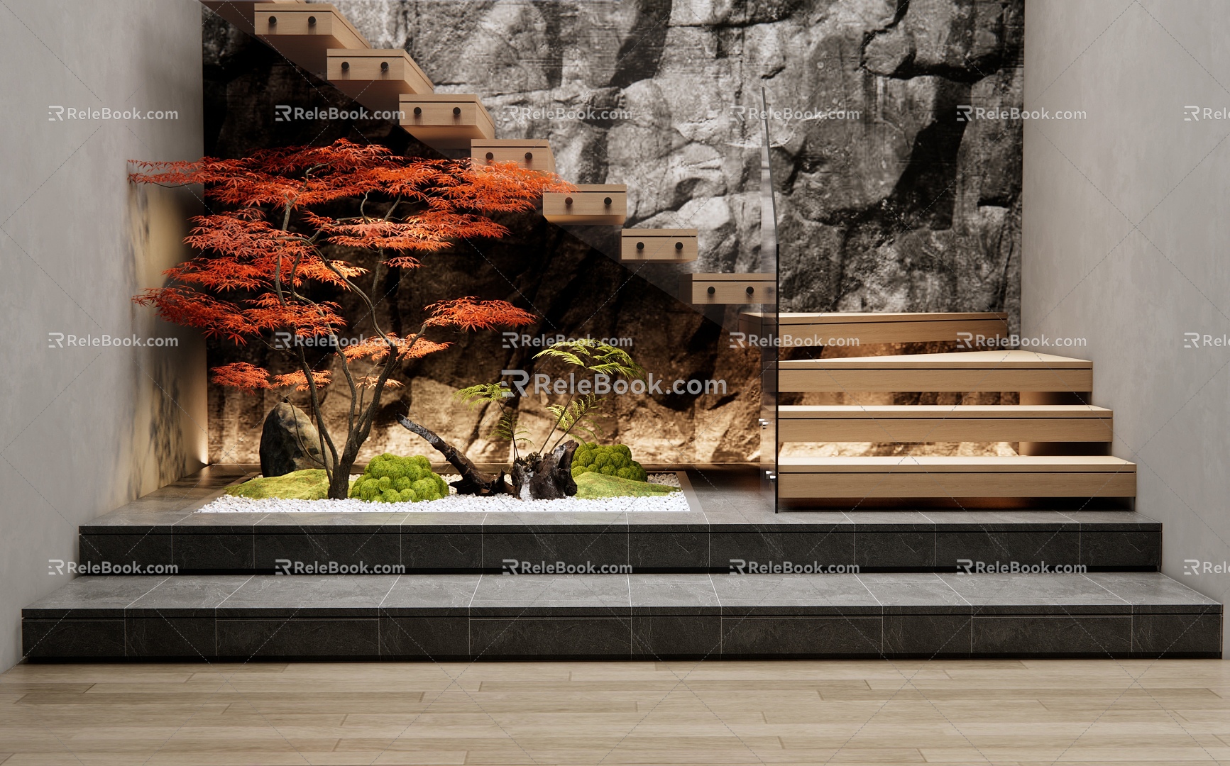 Stairwell Micro-landscaping Courtyard Setches Glass Handrail Stairs Corner Stairs 3d model