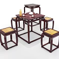 Traditional Tea Table And Chairs Set With Solid Wood Frame And Matching Stools 3d model