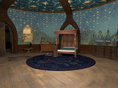 Enchanted Architectural Interior With Circular Wooden Floor Blue Starry Dome Wooden Four Poster Bed And Decorative Elements 3d model