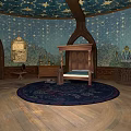 Enchanted Architectural Interior With Circular Wooden Floor Blue Starry Dome Wooden Four Poster Bed And Decorative Elements