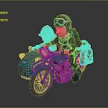 Vintage Blue Motorcycle With Two People Riding Wearing Helmets Hats And Luggage Bag