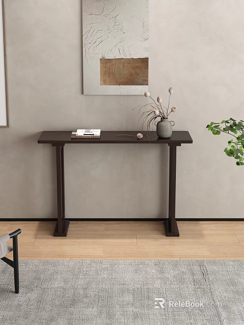Entryway Hallway Interior With Dark Wooden Console Table Books Vase Dried Flowers And Green Plant 3d model 