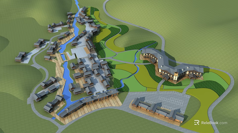 Traditional Architecture Commercial Street Featuring Lush Green Spaces And River Waterway 3d model 