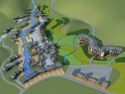 Traditional Architecture Commercial Street Featuring Lush Green Spaces And River Waterway 3d model