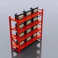Blue White Red Display Shelving Units Holding Black Boxes With Yellow Labels