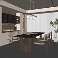 Modern Restaurant Open Kitchen Design With Dining Table Chairs Hanging Lights And Plants