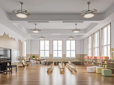 Bright Spacious Kindergarten Classroom With Ceiling Fans Piano And Chairs 3d model