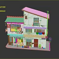 Cartoon Style Japanese Two Story Building With Green Roof Shop Windows And Balcony